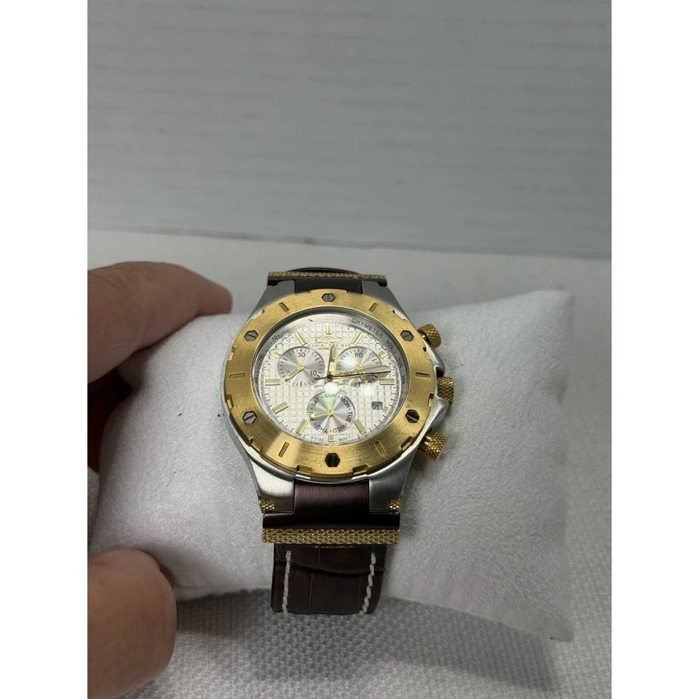 Daniel Steiger Men's Watch Round Silver & Gold/wt Date Chrono Dial Leather Band!